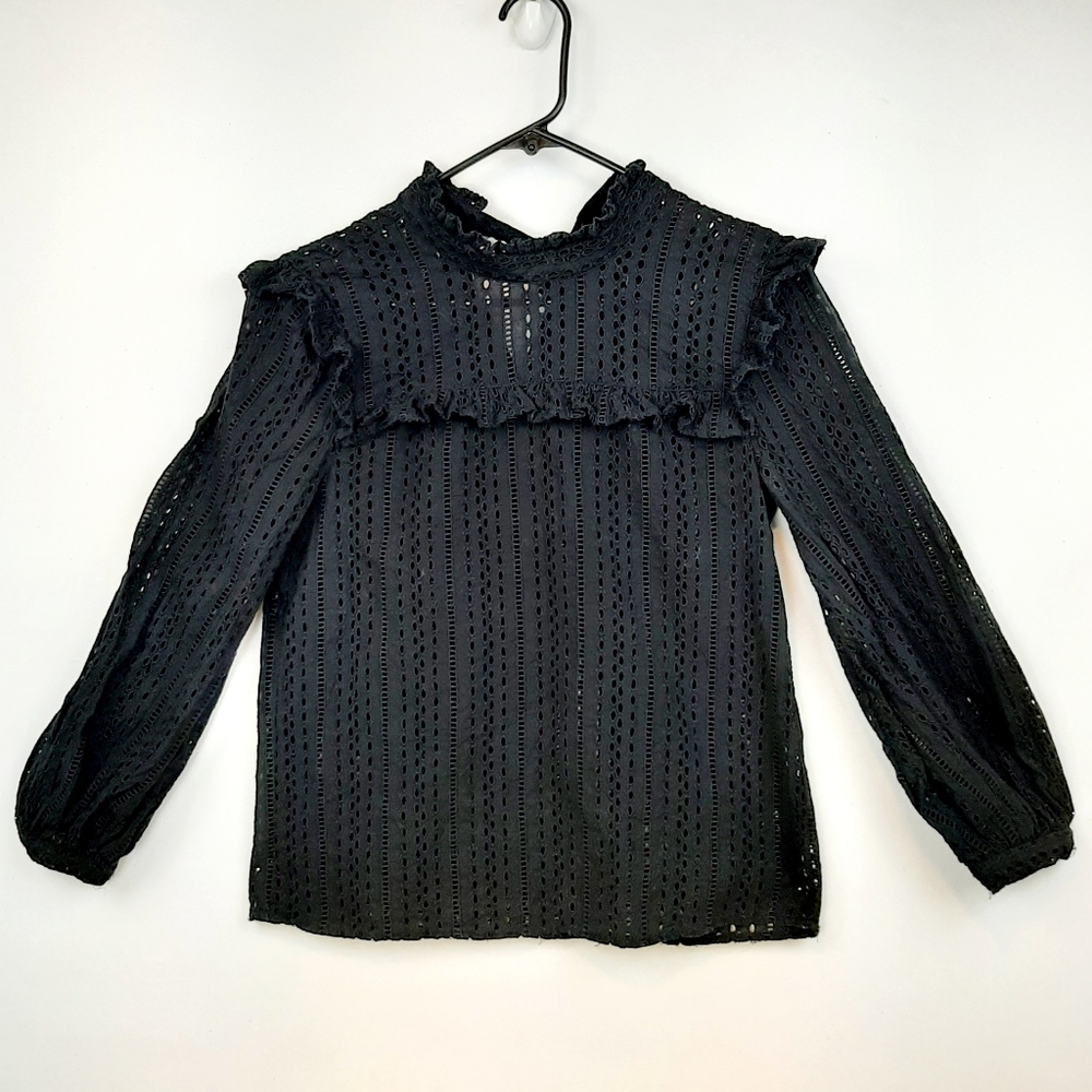Madewell Womens Black Eyelet Mock Neck Ruffle Blouse Top Balloon Sleeve Size XXS